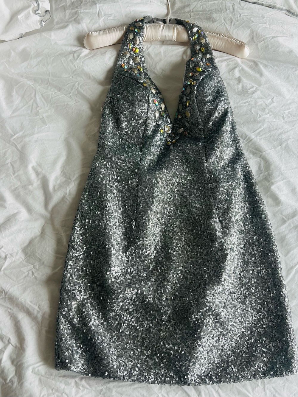 Stunning Terani Couture Silver Sequin Halter Mini Dress w/Jewel Embellishments